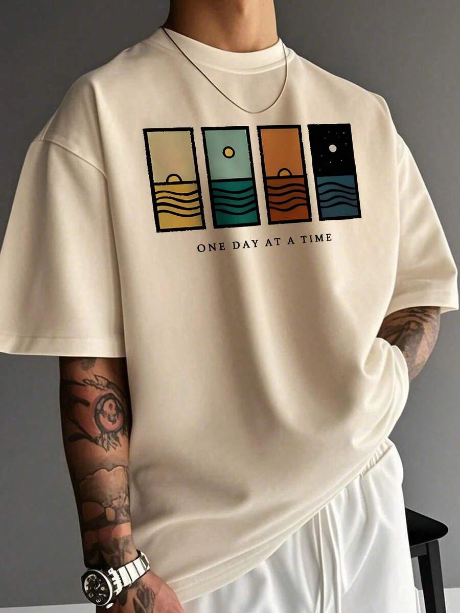 Close-up of minimalist graphic print on drop shoulder crew neck tee in black – TARLANO