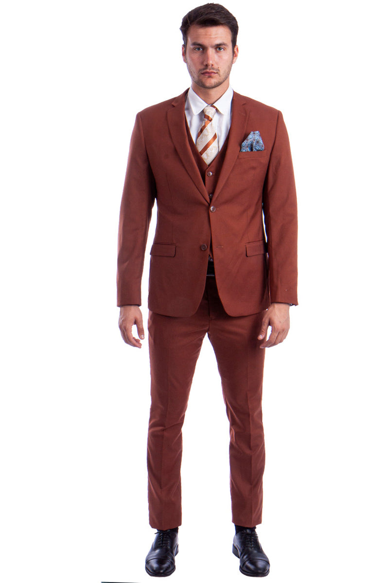 Model wearing light brown three-piece vested suit slim fit – TARLANO
