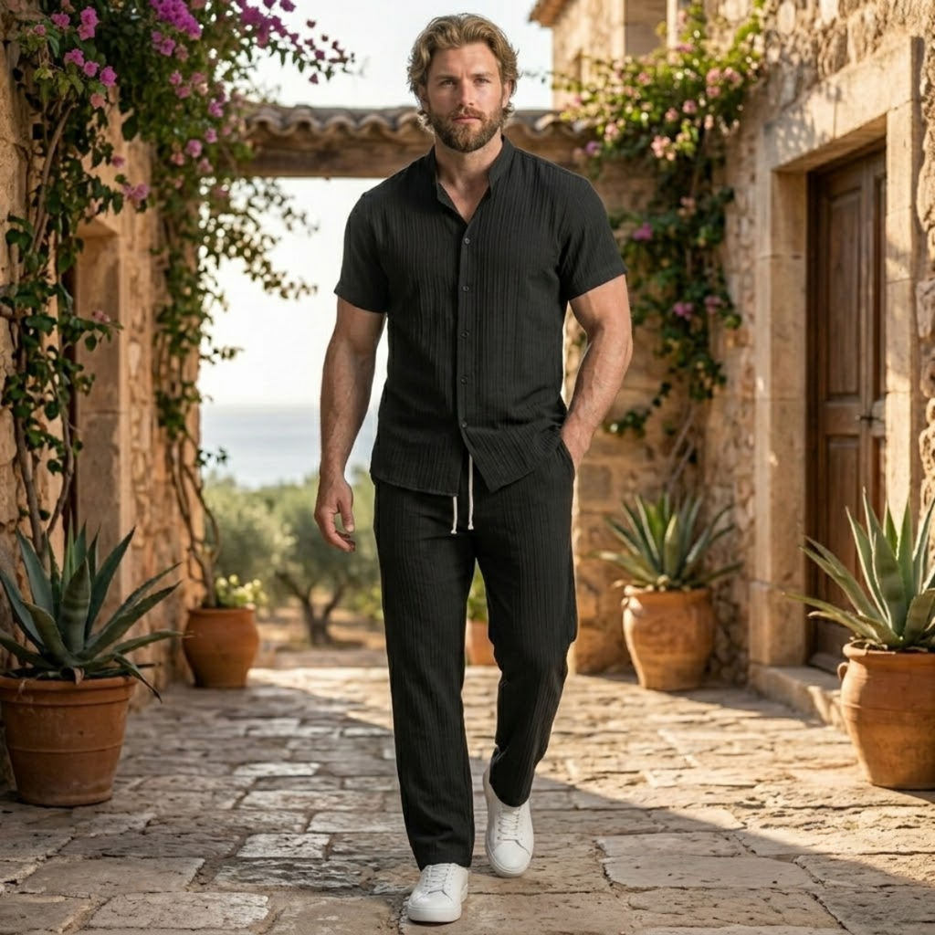 Mens Trouser and Shirt Set Band Collar Crinkle Weave Co-Ord – Sorven
