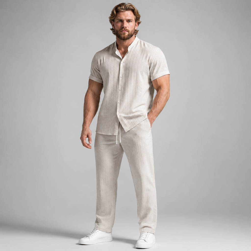 Model wearing crinkle weave co-ord set in apricot – TARLANO