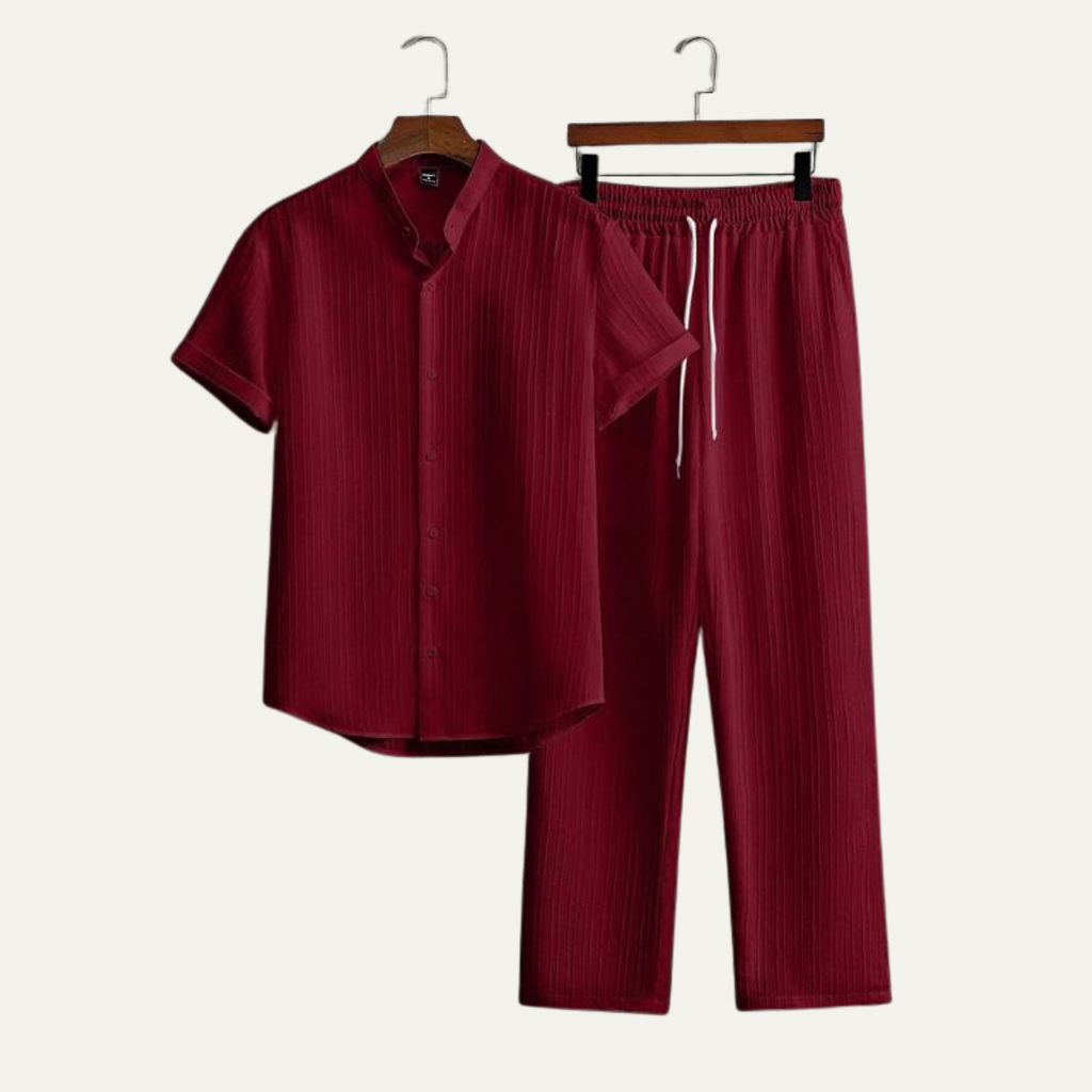 Mens Trouser and Shirt Set Band Collar Crinkle Weave Co-Ord – Sorven