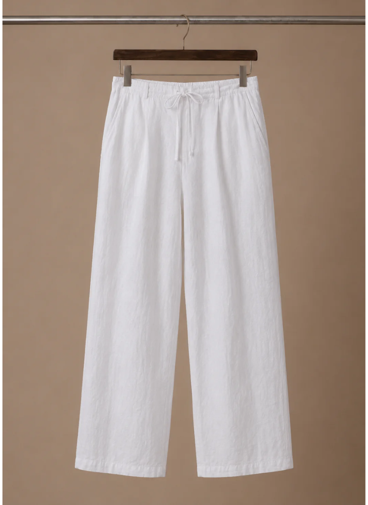 Model wearing linen blend smart casual trouser in beige – TARLANO