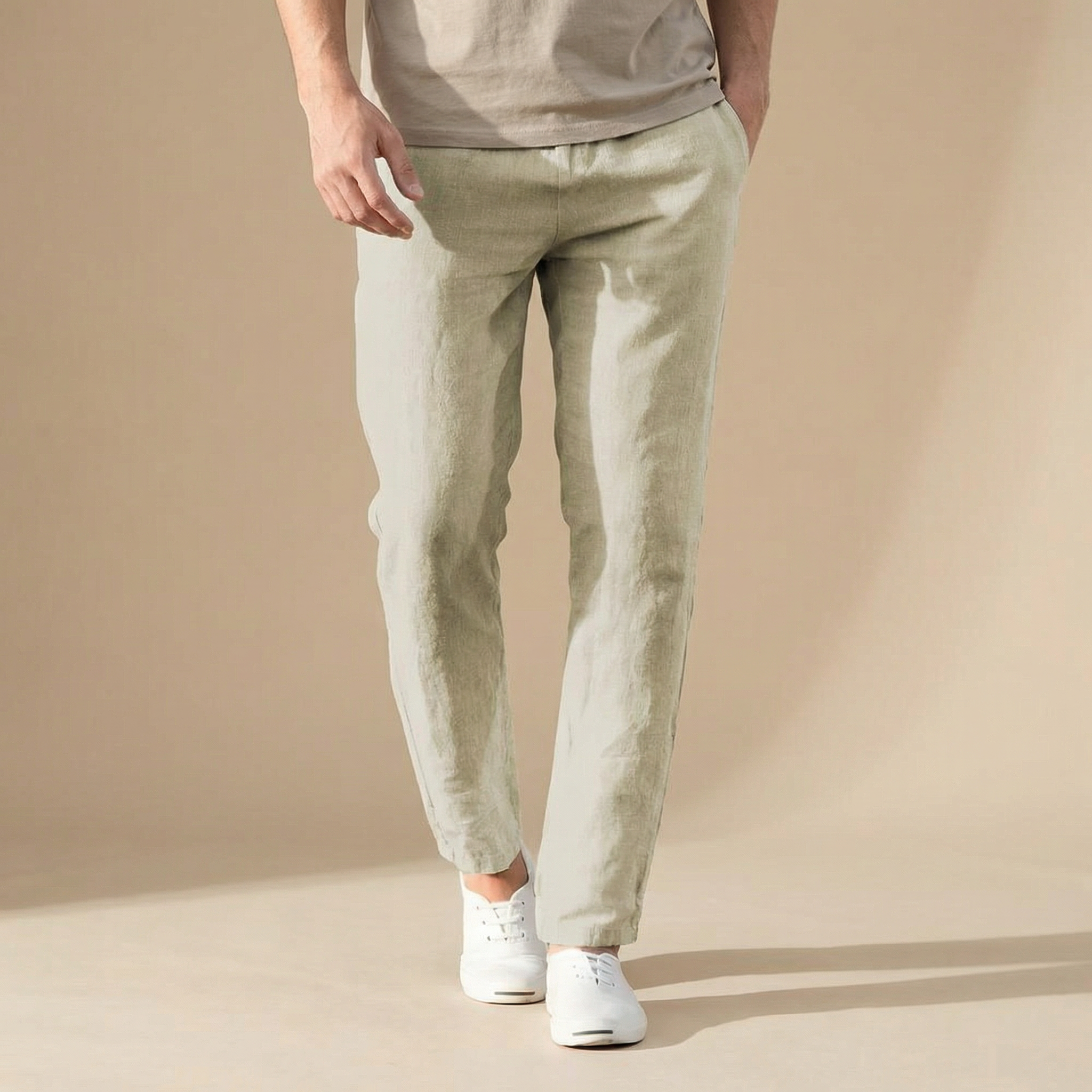Flat-lay linen mens trouser in beige – TARLANO