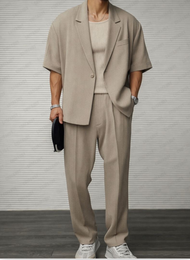 Structured short sleeve blazer and trouser set in khaki – TARLANO