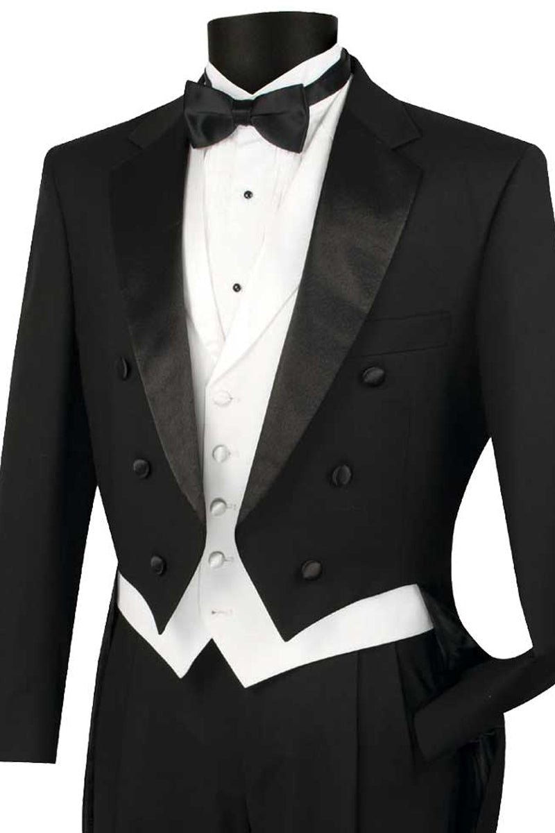 Black tailcoat tuxedo set with white lapeled vest and matching trousers – TARLANO