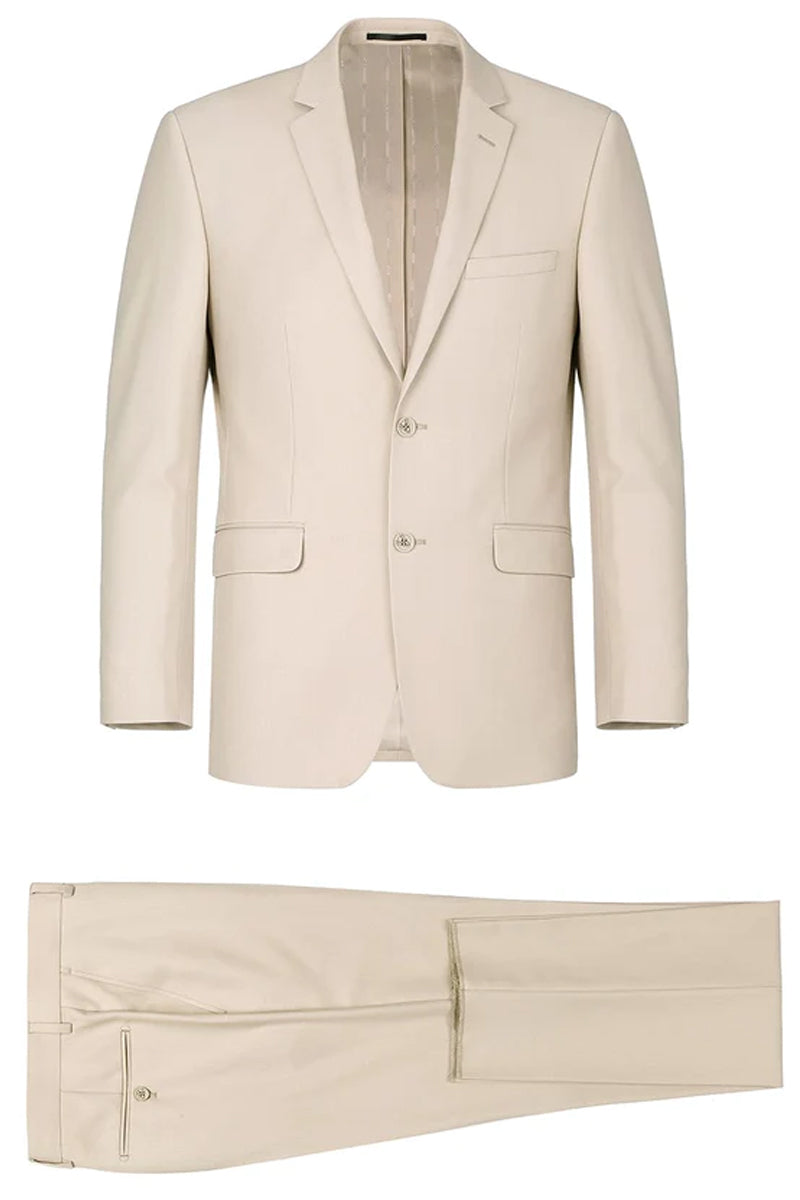Model wearing tan two-button classic fit suit with notch lapel – TARLANO