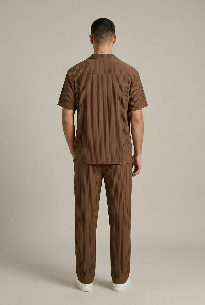 Men's Two-Piece Set Textured Stripe Shirt and Drawstring Trousers
