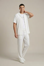 Men's Two-Piece Set Textured Stripe Shirt and Drawstring Trousers