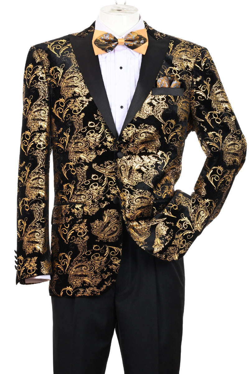 Gold velvet tuxedo jacket with black satin peak lapel and paisley foil print – TARLANO