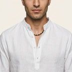 Band collar long sleeve popover shirt — On Model - Close-up Detail | Generated by Modelize