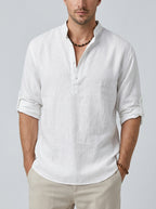 Band collar long sleeve shirt — On Model - Upper Body | Generated by Modelize