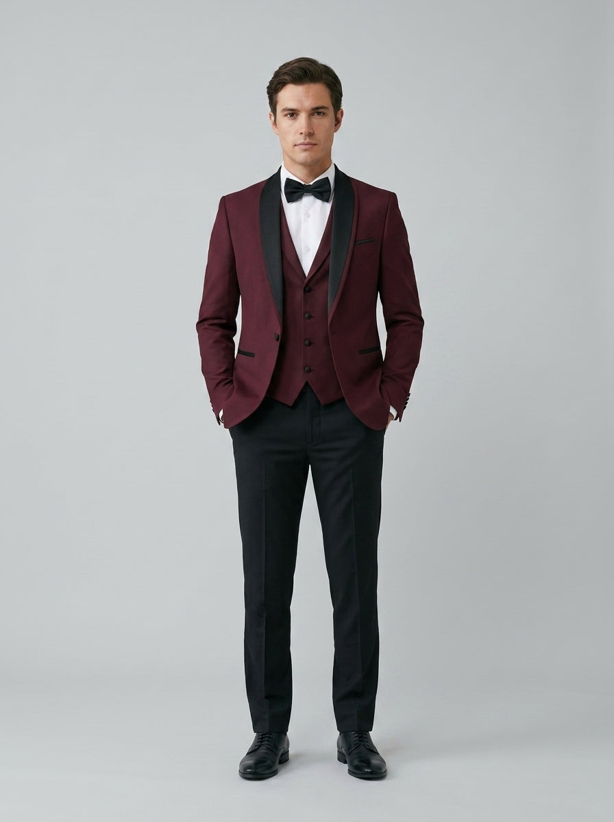 Slim-fit shawl lapel 3-piece suit in burgundy – TARLANO