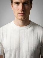 Model wearing slim-fit ribbed crew neck tee in cream – TARLANO