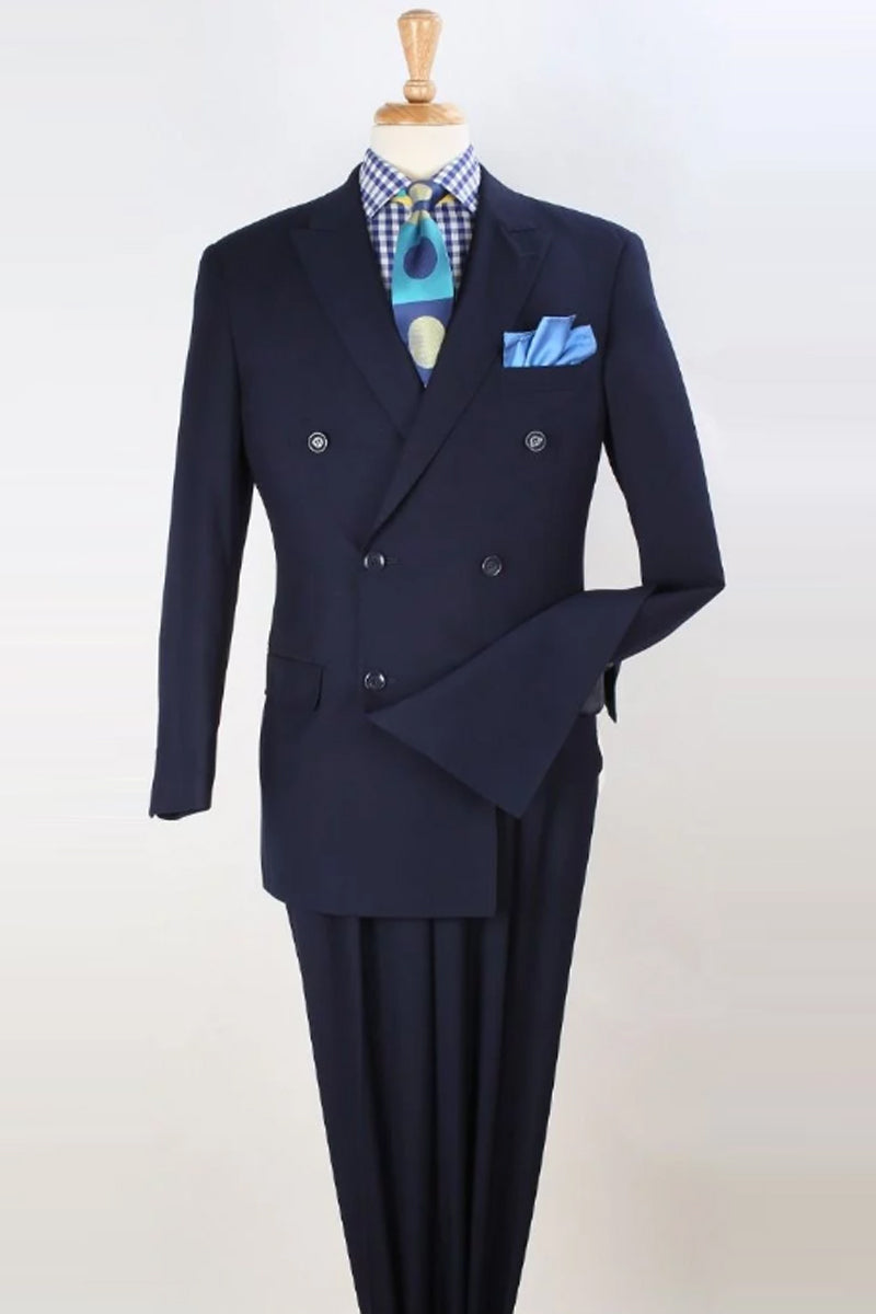 Double Breasted Suit Wool-Feel Peak Lapel Pleated Trousers Navy – Narsel
