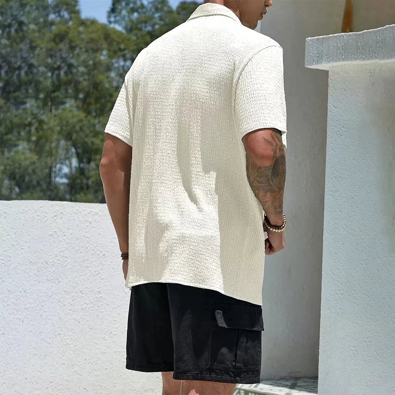 Shirt Shop Cuban Collar Textured Button-Front Short Sleeve