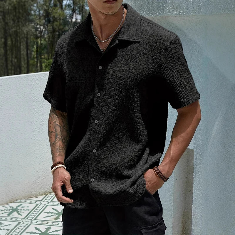 Shirt Shop Cuban Collar Textured Button-Front Short Sleeve