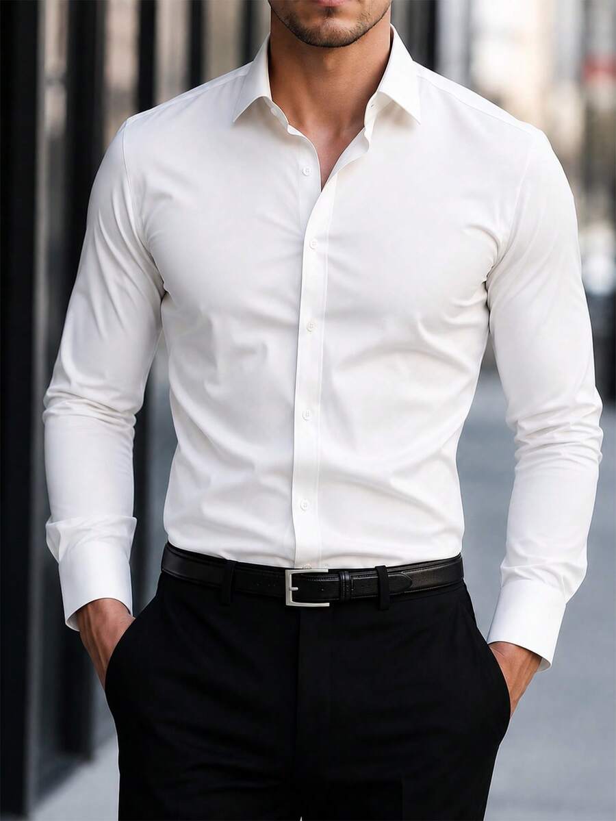 Band collar long sleeve shirt in black – TARLANO