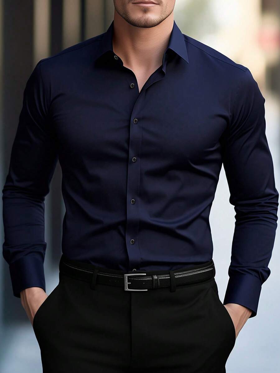 Shirt Shop Stand Collar Button-Up Long Sleeve Polyester Stretch – Marvo