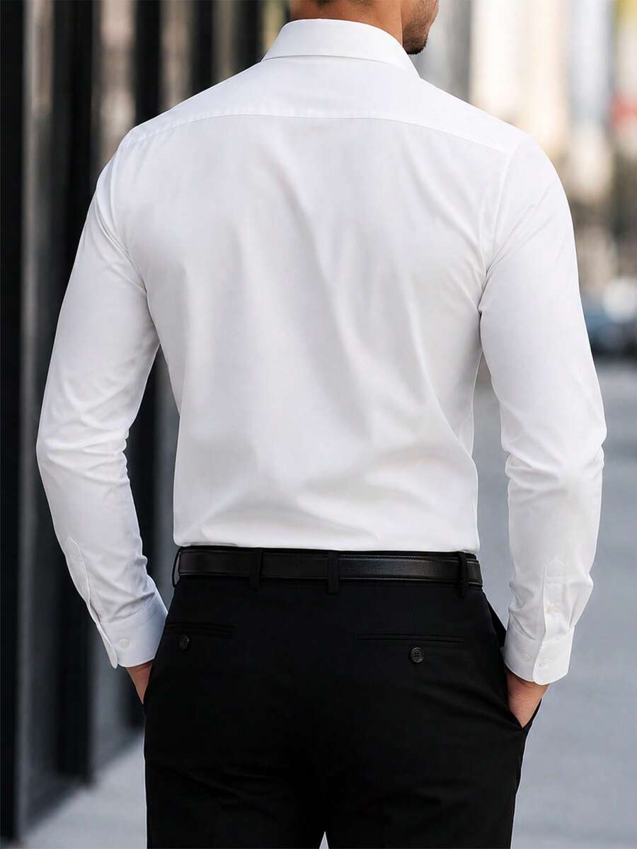 Model wearing stand collar button-up shirt in black – TARLANO