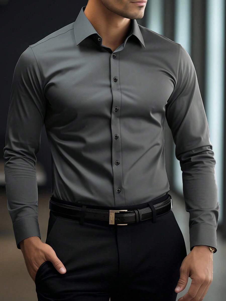 Shirt Shop Stand Collar Button-Up Long Sleeve Polyester Stretch – Marvo