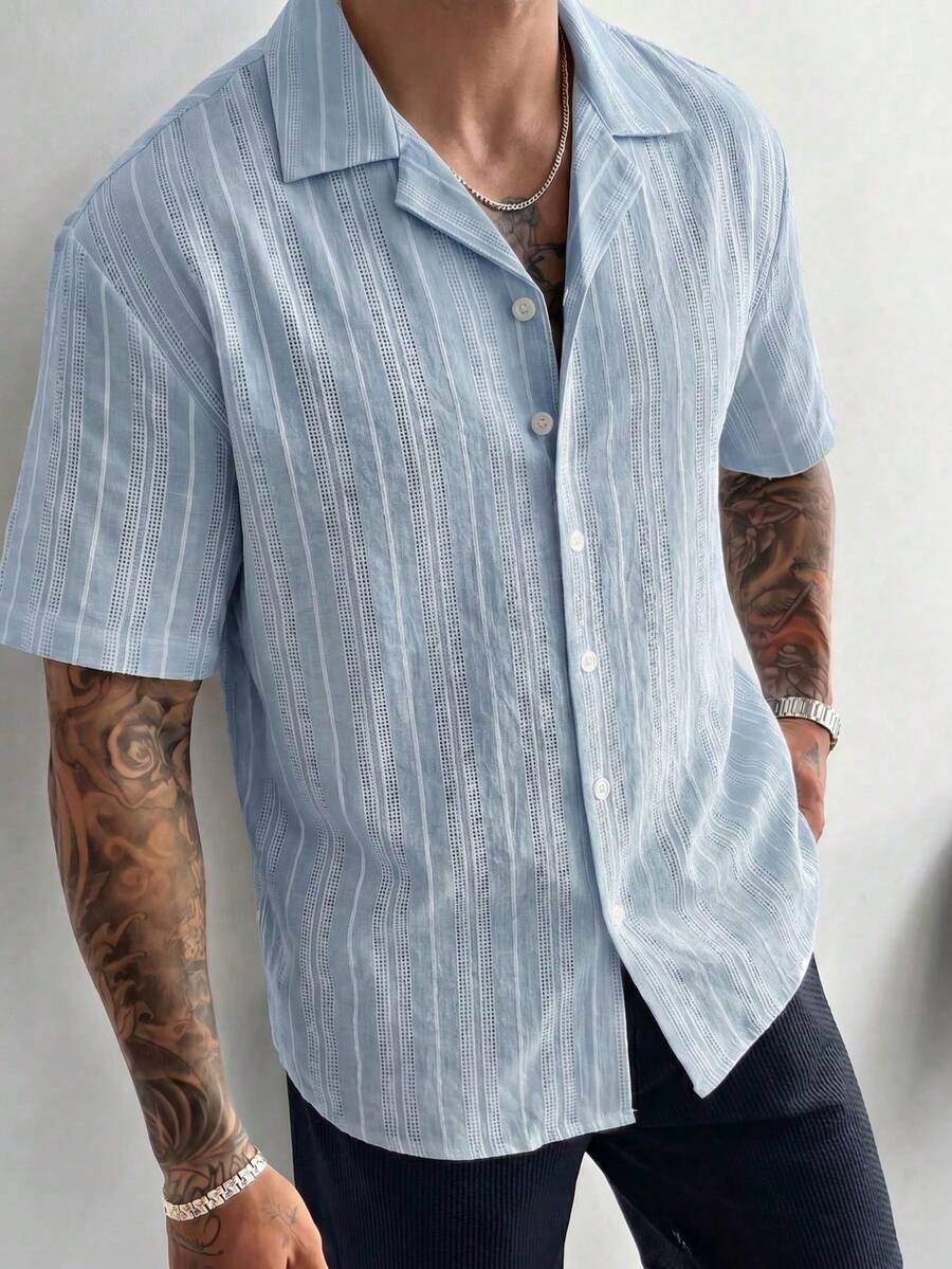 Striped Linen-Look Shirt Shop Band Collar Short Sleeve