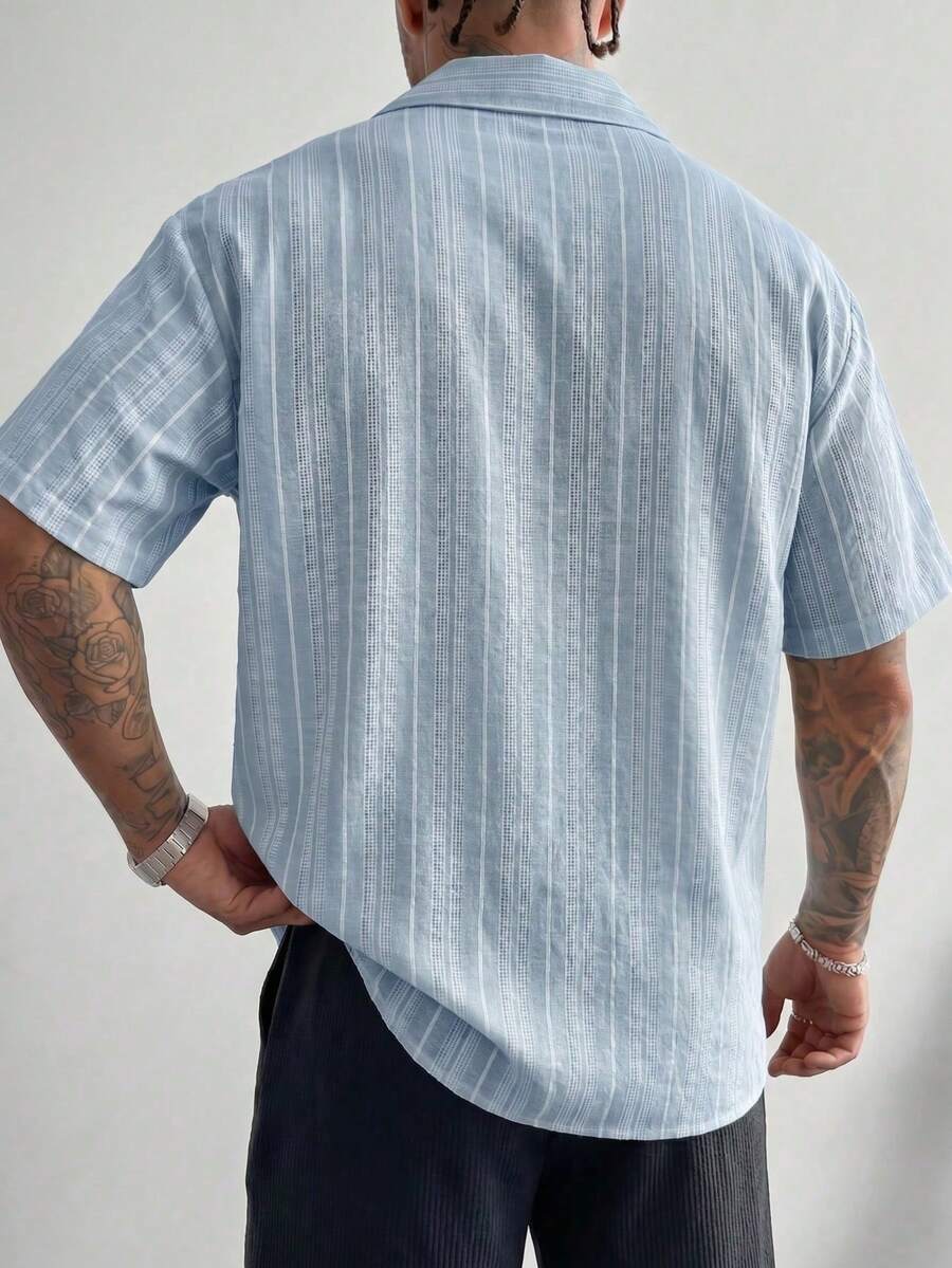 Striped Linen-Look Shirt Shop Band Collar Short Sleeve