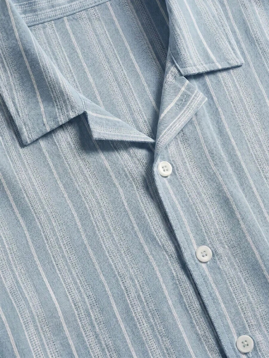 Striped Linen-Look Shirt Shop Band Collar Short Sleeve