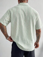 Striped Linen-Look Shirt Shop Band Collar Short Sleeve