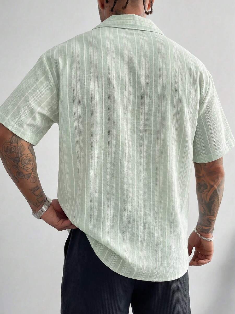 Striped Linen-Look Shirt Shop Band Collar Short Sleeve