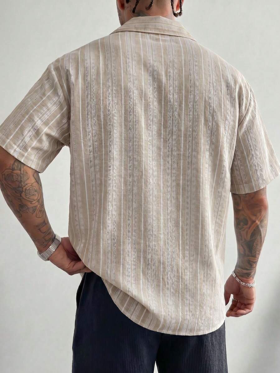 Striped Linen-Look Shirt Shop Band Collar Short Sleeve