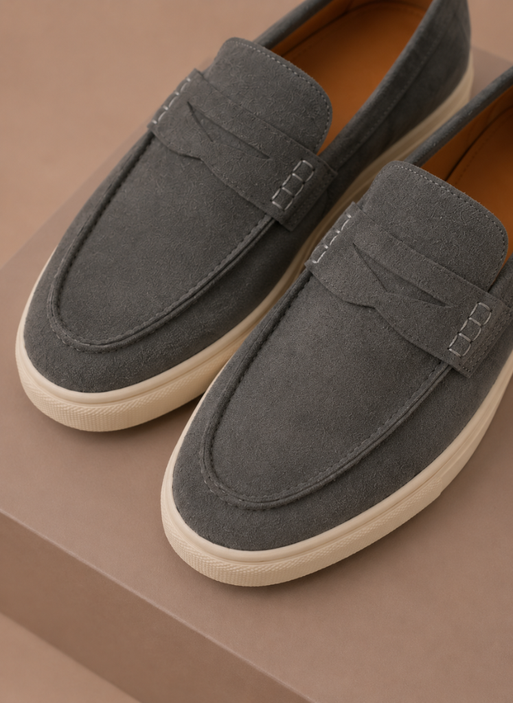 Model wearing suede penny loafers in brown – TARLANO