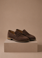 Suede penny loafer close-up penny strap detail in brown – TARLANO