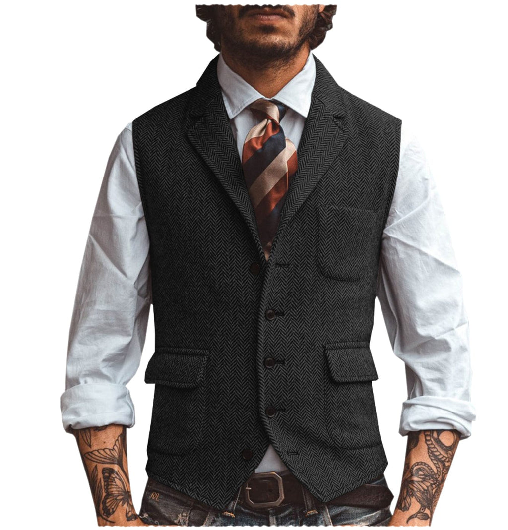 Model wearing herringbone notch lapel suit vest in black – TARLANO
