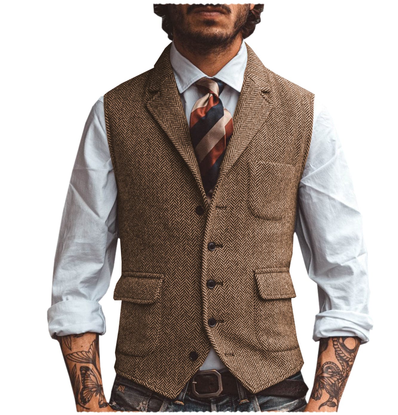 Suit Men Herringbone Wool Blend Vest Notch Lapel Single Breasted – Garno