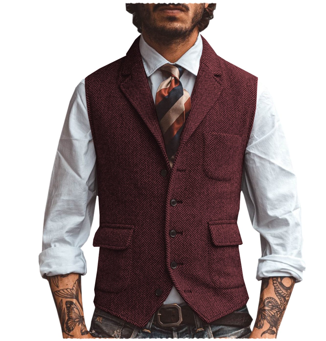 Suit Men Herringbone Wool Blend Vest Notch Lapel Single Breasted – Garno
