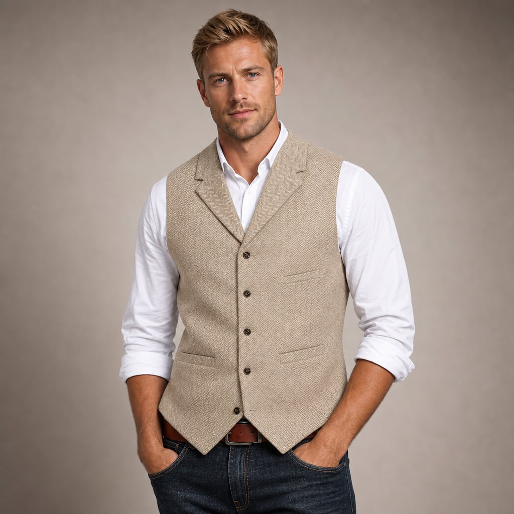 Herringbone Tweed Waistcoat Adjustable Back Strap Beige – Product Photo