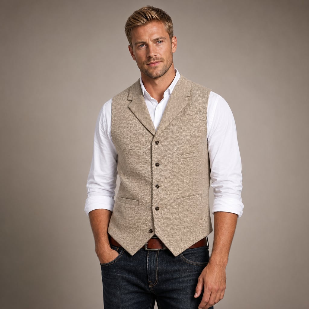 Herringbone Tweed Waistcoat Adjustable Back Strap in Beige – Tarlano Premium Menswear