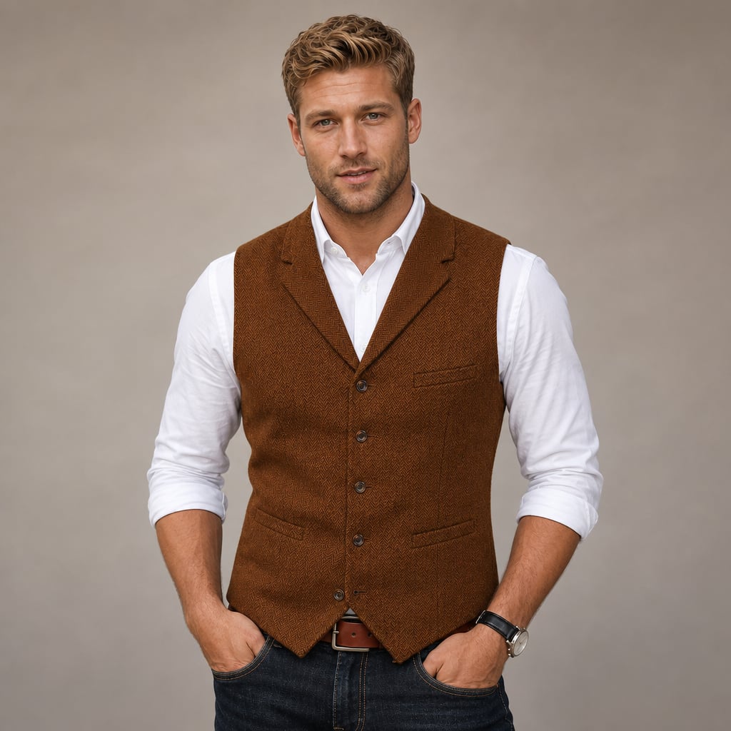 Herringbone Tweed Waistcoat Adjustable Back Strap Brown – Product Photo