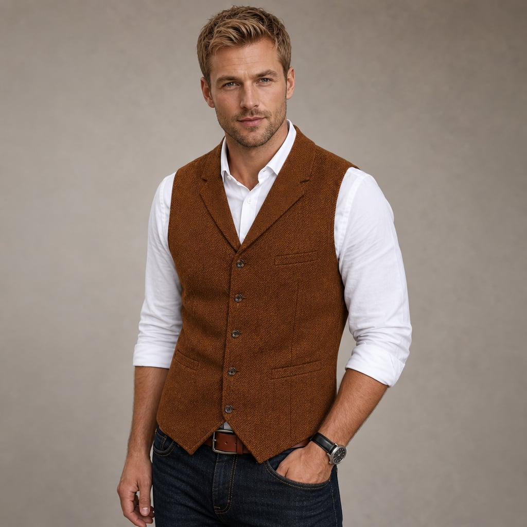 Herringbone Tweed Waistcoat Adjustable Back Strap in Brown – Tarlano Premium Menswear