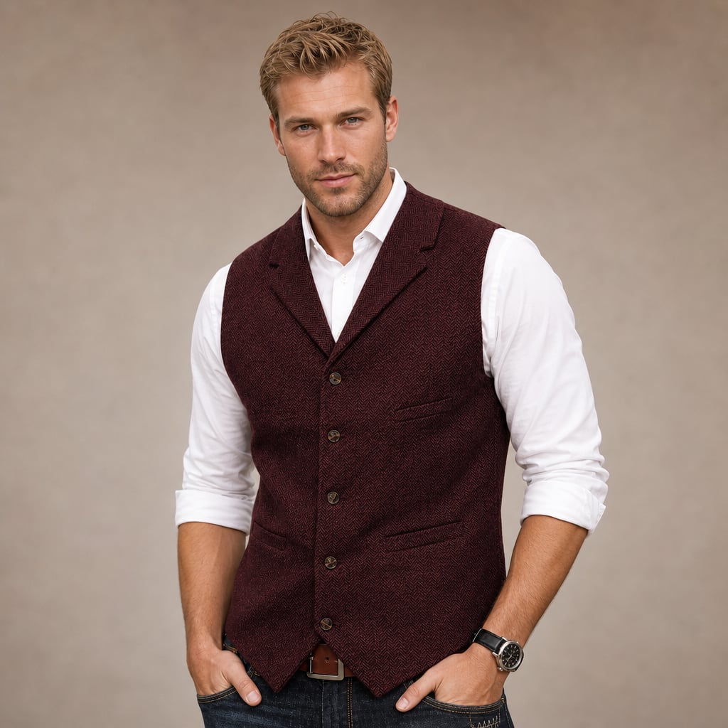 Herringbone Tweed Waistcoat Adjustable Back Strap Burgundy – Product Photo