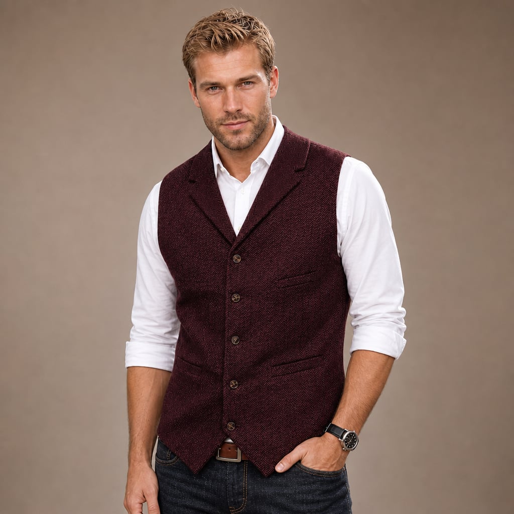Herringbone Tweed Waistcoat Adjustable Back Strap in Burgundy – Tarlano Premium Menswear