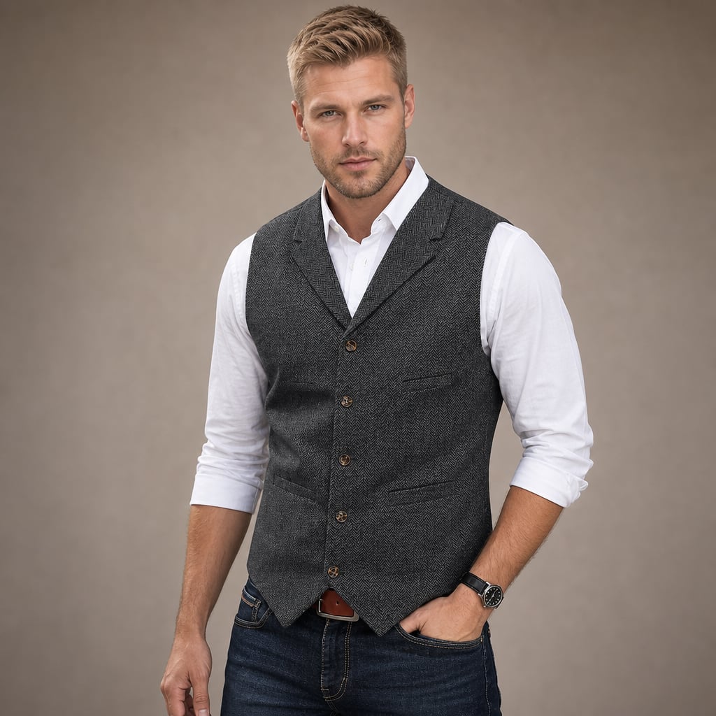 Herringbone Tweed Waistcoat Adjustable Back Strap in Gray – Tarlano Premium Menswear
