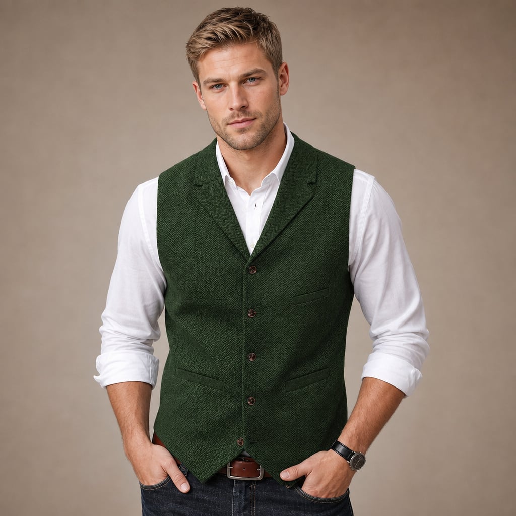 Herringbone Tweed Waistcoat Adjustable Back Strap Green – Product Photo