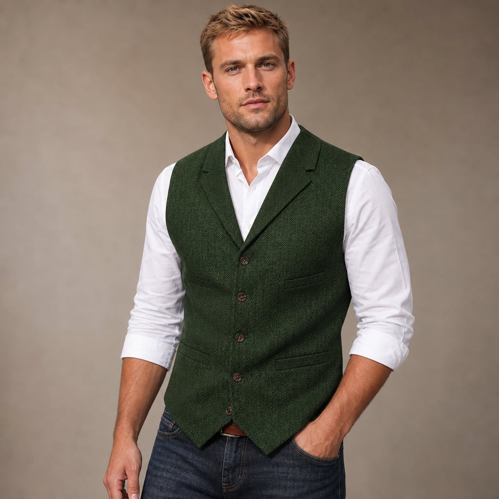 Herringbone Tweed Waistcoat Adjustable Back Strap in Green – Tarlano Premium Menswear