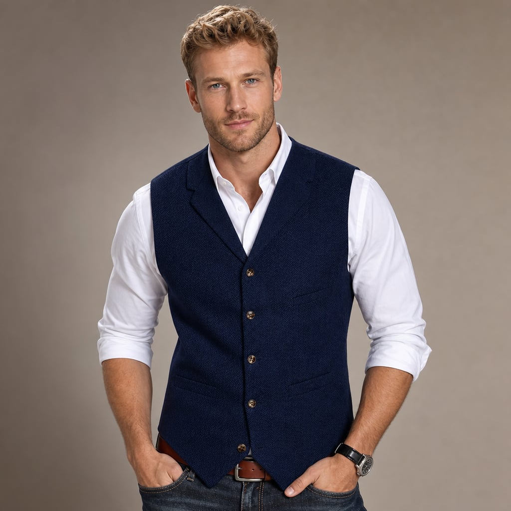 Herringbone Tweed Waistcoat Adjustable Back Strap Navy – Product Photo