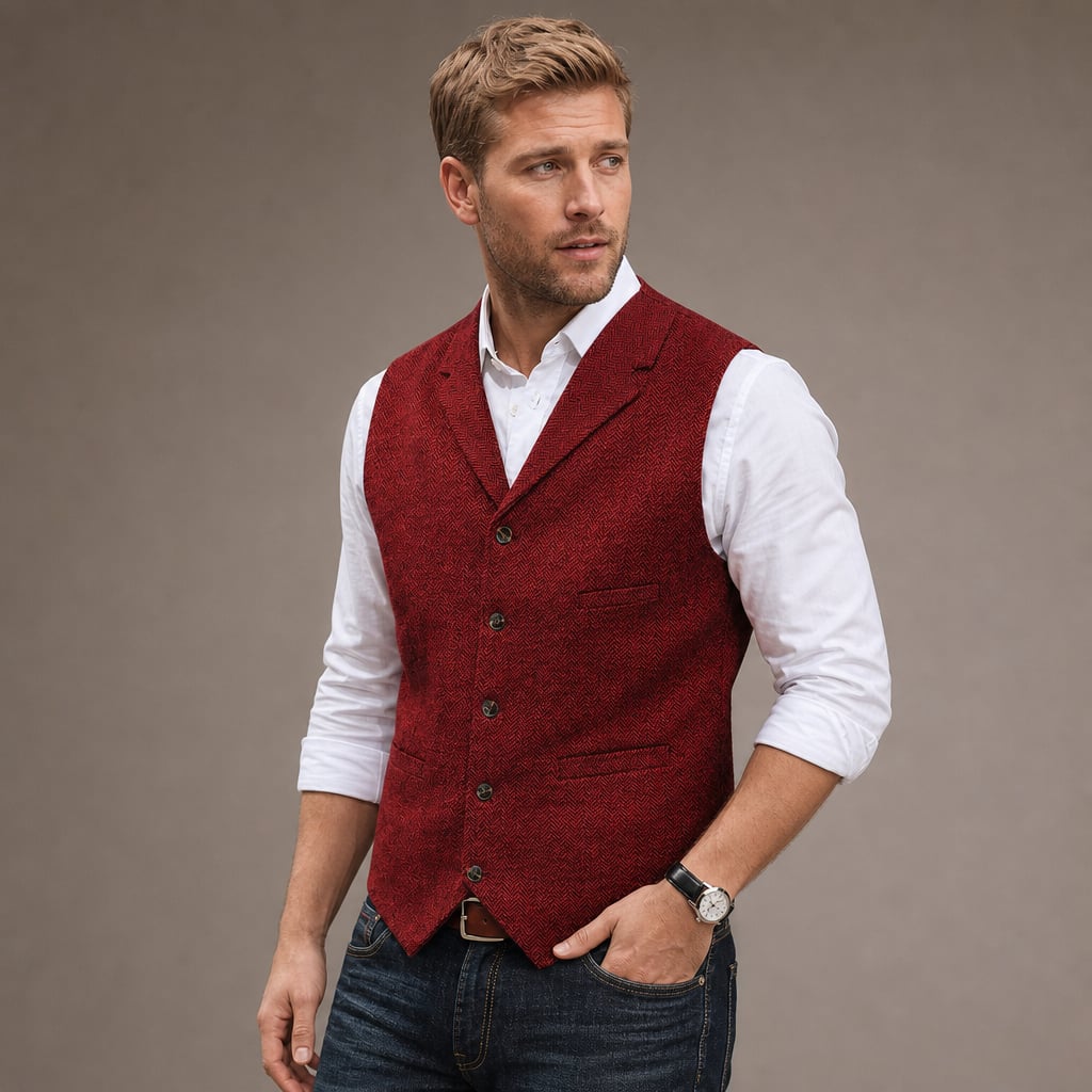Herringbone Tweed Waistcoat Adjustable Back Strap Red – Side Angle View