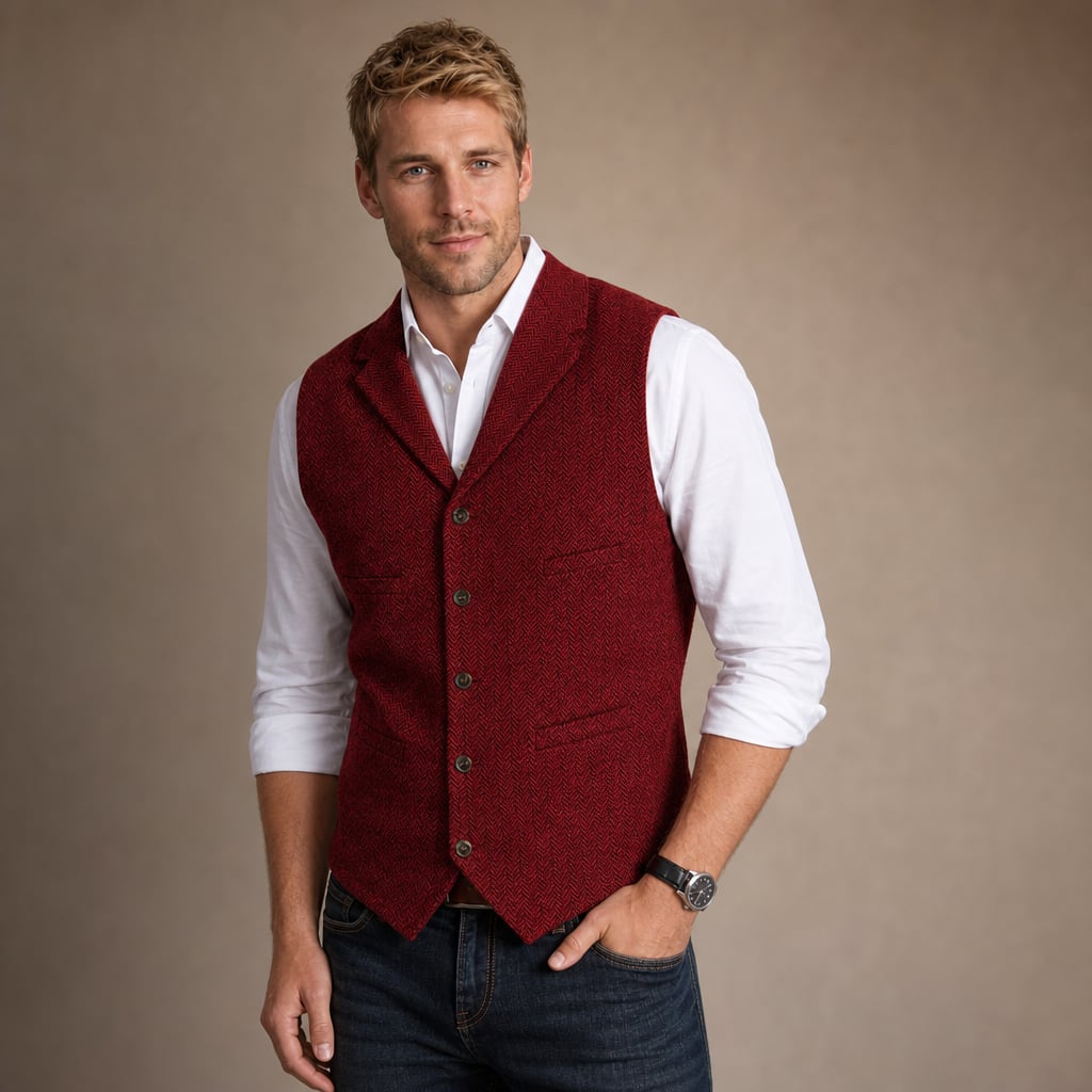 Herringbone Tweed Waistcoat Adjustable Back Strap Red – Side Angle View