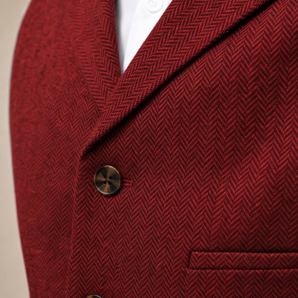 Herringbone Tweed Waistcoat Adjustable Back Strap Red – Fabric and Detail Close-Up