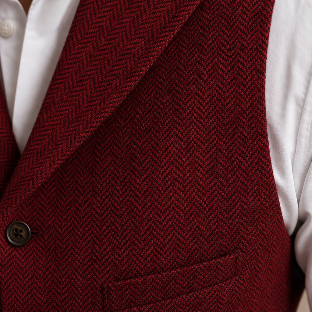 Herringbone Tweed Waistcoat Adjustable Back Strap Red – Fabric and Detail Close-Up