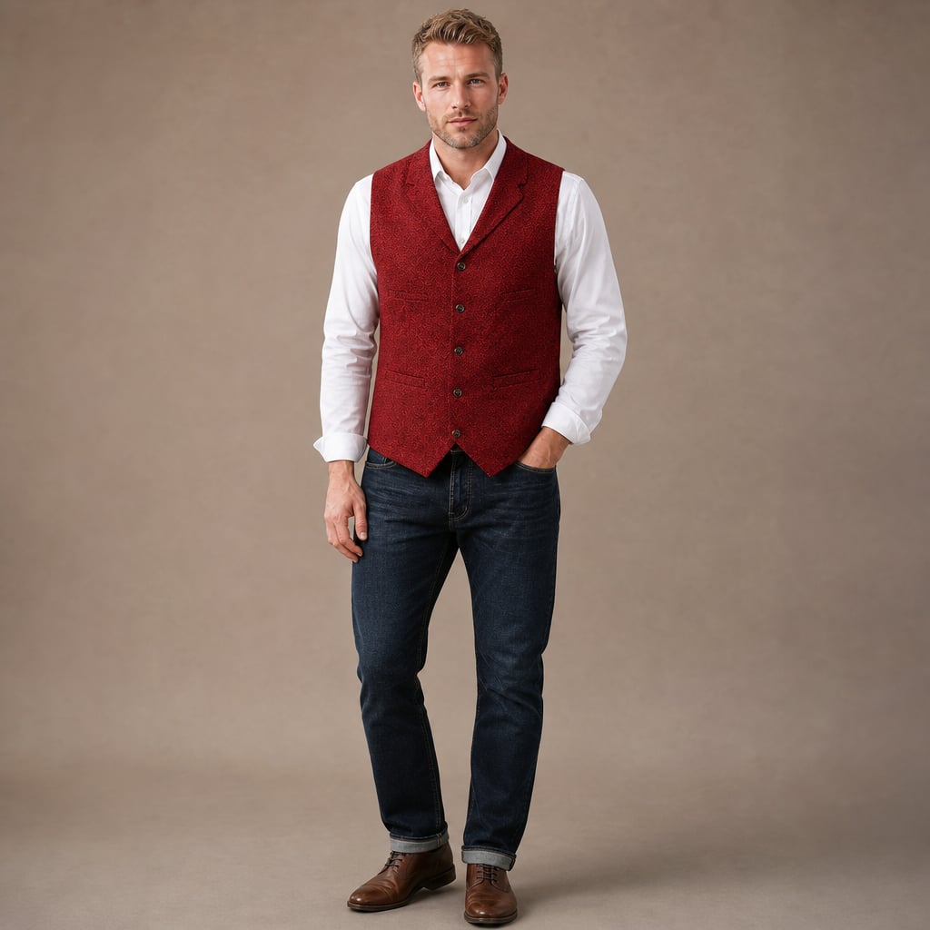 Herringbone Tweed Waistcoat Adjustable Back Strap Red – Full Look